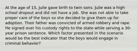 At the age of 15, Julie gave birth to twin sons. Julie was a high school dropout and did not have a job. She was not able to take proper care of the boys so she decided to give them up for adoption. Their father was convicted of armed robbery and rape. He signed over his custody rights to the state while serving a 30-year prison sentence. Which factor presented in the scenario would be the best indicator that the boys would engage in criminal behavior?