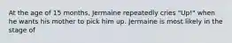 At the age of 15 months, Jermaine repeatedly cries "Up!" when he wants his mother to pick him up. Jermaine is most likely in the stage of