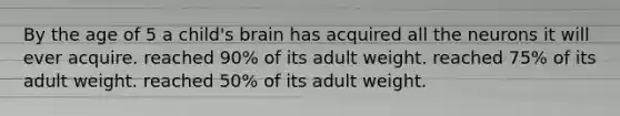 By the age of 5 a child's brain has acquired all the neurons it will ever acquire. reached 90% of its adult weight. reached 75% of its adult weight. reached 50% of its adult weight.