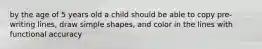 by the age of 5 years old a child should be able to copy pre-writing lines, draw simple shapes, and color in the lines with functional accuracy