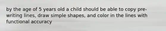 by the age of 5 years old a child should be able to copy pre-writing lines, draw simple shapes, and color in the lines with functional accuracy