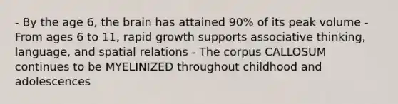 - By the age 6, the brain has attained 90% of its peak volume - From ages 6 to 11, rapid growth supports associative thinking, language, and spatial relations - The corpus CALLOSUM continues to be MYELINIZED throughout childhood and adolescences