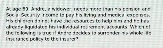 At age 69, Andre, a widower, needs more than his pension and Social Security income to pay his living and medical expenses. His children do not have the resources to help him and he has already liquidated his individual retirement accounts. Which of the following is true if Andre decides to surrender his whole life insurance policy to the insurer?