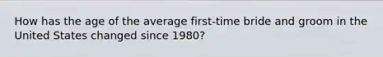 How has the age of the average first-time bride and groom in the United States changed since 1980?