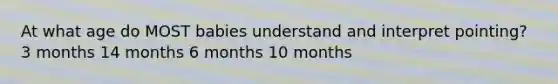 At what age do MOST babies understand and interpret pointing? 3 months 14 months 6 months 10 months