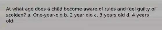 At what age does a child become aware of rules and feel guilty of scolded? a. One-year-old b. 2 year old c. 3 years old d. 4 years old