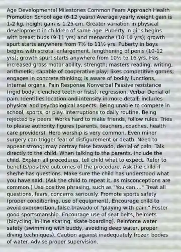 Age Developmental Milestones Common Fears Approach Health Promotion School age (6-12 years) Average yearly weight gain is 1-2 kg, height gain is 1.25 cm. Greater variation in physical development in children of same age. Puberty in girls begins with breast buds (9-11 yrs) and menarche (10-16 yrs); growth spurt starts anywhere from 7½ to 11½ yrs. Puberty in boys begins with scrotal enlargement, lengthening of penis (10-12 yrs); growth spurt starts anywhere from 10½ to 16 yrs. Has increased gross motor ability, strength; masters reading, writing, arithmetic; capable of cooperative play; likes competitive games; engages in concrete thinking; is aware of bodily functions, internal organs. Pain Response Nonverbal Passive resistance (rigid body, clenched teeth or fists), regression. Verbal Denial of pain. Identifies location and intensity in more detail; includes physical and psychological aspects. Being unable to compete in school, sports, or play. Interruptions to daily routine. Being rejected by peers. Works hard to make friends, follow rules. Tries to please authority figures (parents, teachers, coaches, health care providers). Hero worship is very common. Even minor surgery can trigger fear of disfigurement or death. Need to appear strong; may portray false bravado, denial of pain. Talk directly to the child. When talking to the parents, include the child. Explain all procedures, tell child what to expect. Refer to benefits/positive outcomes of the procedure. Ask the child if she/he has questions. Make sure the child has understood what you have said. (Ask the child to repeat it, as misconceptions are common.) Use positive phrasing, such as "You can...." Treat all questions, fears, concerns seriously. Promote sports safety (proper conditioning, use of equipment). Encourage child to avoid overexertion, false bravado of "playing with pain." Foster good sportsmanship. Encourage use of seat belts, helmets (bicycling, in-line skating, skate-boarding). Reinforce water safety (swimming with buddy, avoiding deep water, proper diving techniques). Caution against inadequately frozen bodies of water. Advise proper supervision.