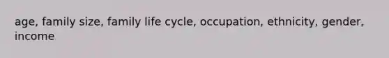 age, family size, family life cycle, occupation, ethnicity, gender, income