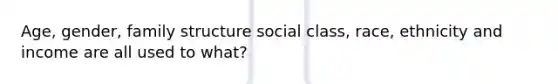 Age, gender, family structure social class, race, ethnicity and income are all used to what?