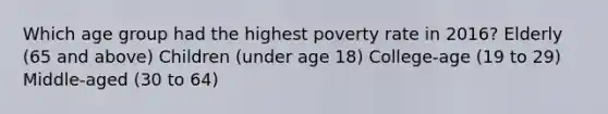 Which age group had the highest poverty rate in 2016? Elderly (65 and above) Children (under age 18) College-age (19 to 29) Middle-aged (30 to 64)