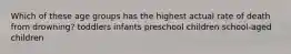 Which of these age groups has the highest actual rate of death from drowning? toddlers infants preschool children school-aged children