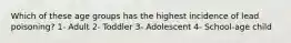 Which of these age groups has the highest incidence of lead poisoning? 1- Adult 2- Toddler 3- Adolescent 4- School-age child