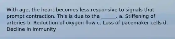 With age, the heart becomes less responsive to signals that prompt contraction. This is due to the ______. a. Stiffening of arteries b. Reduction of oxygen flow c. Loss of pacemaker cells d. Decline in immunity