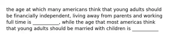 the age at which many americans think that young adults should be financially independent, living away from parents and working full time is ___________, while the age that most americas think that young adults should be married with children is ___________