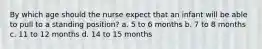 By which age should the nurse expect that an infant will be able to pull to a standing position? a. 5 to 6 months b. 7 to 8 months c. 11 to 12 months d. 14 to 15 months