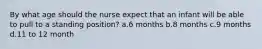 By what age should the nurse expect that an infant will be able to pull to a standing position? a.6 months b.8 months c.9 months d.11 to 12 month