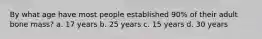 By what age have most people established 90% of their adult bone mass? a. 17 years b. 25 years c. 15 years d. 30 years