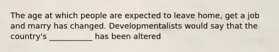 The age at which people are expected to leave home, get a job and marry has changed. Developmentalists would say that the country's ___________ has been altered
