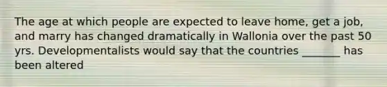 The age at which people are expected to leave home, get a job, and marry has changed dramatically in Wallonia over the past 50 yrs. Developmentalists would say that the countries _______ has been altered