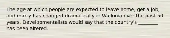 The age at which people are expected to leave home, get a job, and marry has changed dramatically in Wallonia over the past 50 years. Developmentalists would say that the country's ________ has been altered.