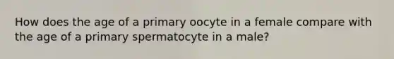 How does the age of a primary oocyte in a female compare with the age of a primary spermatocyte in a male?