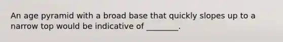 An age pyramid with a broad base that quickly slopes up to a narrow top would be indicative of ________.