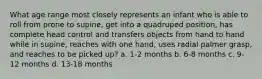 What age range most closely represents an infant who is able to roll from prone to supine, get into a quadruped position, has complete head control and transfers objects from hand to hand while in supine, reaches with one hand, uses radial palmer grasp, and reaches to be picked up? a. 1-2 months b. 6-8 months c. 9-12 months d. 13-18 months