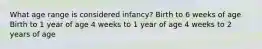 What age range is considered infancy? Birth to 6 weeks of age Birth to 1 year of age 4 weeks to 1 year of age 4 weeks to 2 years of age