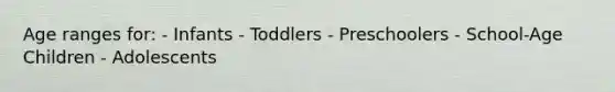 Age ranges for: - Infants - Toddlers - Preschoolers - School-Age Children - Adolescents