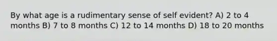 By what age is a rudimentary sense of self evident? A) 2 to 4 months B) 7 to 8 months C) 12 to 14 months D) 18 to 20 months