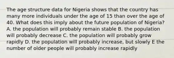 The age structure data for Nigeria shows that the country has many more individuals under the age of 15 than over the age of 40. What does this imply about the future population of Nigeria? A. the population will probably remain stable B. the population will probably decrease C. the population will probably grow rapidly D. the population will probably increase, but slowly E the number of older people will probably increase rapidly