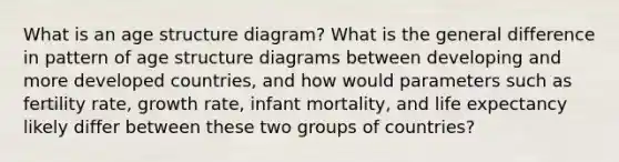 What is an age structure diagram? What is the general difference in pattern of age structure diagrams between developing and more developed countries, and how would parameters such as fertility rate, growth rate, infant mortality, and life expectancy likely differ between these two groups of countries?