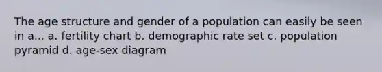 The age structure and gender of a population can easily be seen in a... a. fertility chart b. demographic rate set c. population pyramid d. age-sex diagram