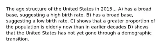 The age structure of the United States in 2015... A) has a broad base, suggesting a high birth rate. B) has a broad base, suggesting a low birth rate. C) shows that a greater proportion of the population is elderly now than in earlier decades D) shows that the United States has not yet gone through a demographic transition.