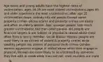 Age teens and young adults have the highest rates of victimization- ages 16-19 are most violent victimizations-ages 65 and older experience the least victimization; after age 25 victimization drops. nobody hits old people-Except some property crimes: phone scams and property crimes are easily and often on elderly people. Age- younger people face much greater victimization risk than older people; old people are financial targets & are subject to physical & sexual abuse most often from a family member. Social Status- Poorest people are most likely to be victims of violent & property crimes while wealthy people are victims of personal theft crimes Gender- women aggressors engage in verbal abuse while men engage in physical; Women are more likely to be victimized by someone they live with or know while men are not. most murders are male