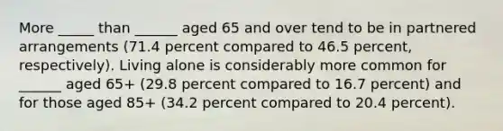 More _____ than ______ aged 65 and over tend to be in partnered arrangements (71.4 percent compared to 46.5 percent, respectively). Living alone is considerably more common for ______ aged 65+ (29.8 percent compared to 16.7 percent) and for those aged 85+ (34.2 percent compared to 20.4 percent).