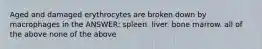 Aged and damaged erythrocytes are broken down by macrophages in the ANSWER: spleen. liver. bone marrow. all of the above none of the above