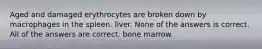 Aged and damaged erythrocytes are broken down by macrophages in the spleen. liver. None of the answers is correct. All of the answers are correct. bone marrow.