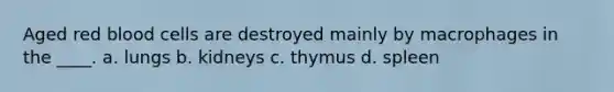Aged red blood cells are destroyed mainly by macrophages in the ____. a. lungs b. kidneys c. thymus d. spleen