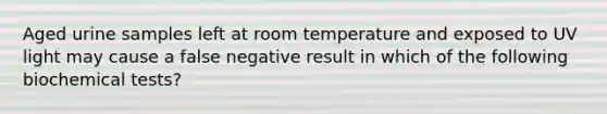 Aged urine samples left at room temperature and exposed to UV light may cause a false negative result in which of the following biochemical tests?