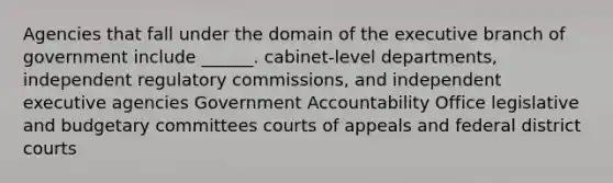 Agencies that fall under the domain of the executive branch of government include ______. cabinet-level departments, independent regulatory commissions, and independent executive agencies Government Accountability Office legislative and budgetary committees courts of appeals and federal district courts