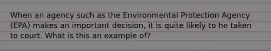 When an agency such as the Environmental Protection Agency (EPA) makes an important decision, it is quite likely to he taken to court. What is this an example of?