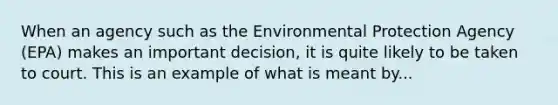 When an agency such as the Environmental Protection Agency (EPA) makes an important decision, it is quite likely to be taken to court. This is an example of what is meant by...