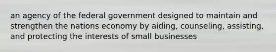 an agency of the federal government designed to maintain and strengthen the nations economy by aiding, counseling, assisting, and protecting the interests of small businesses