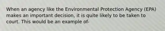 When an agency like the Environmental Protection Agency (EPA) makes an important decision, it is quite likely to be taken to court. This would be an example of-