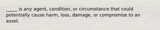 _____ is any agent, condition, or circumstance that could potentially cause harm, loss, damage, or compromise to an asset.