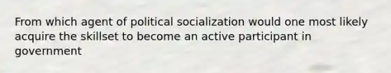 From which agent of political socialization would one most likely acquire the skillset to become an active participant in government