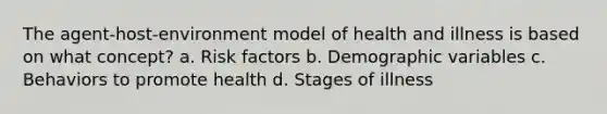 The agent-host-environment model of health and illness is based on what concept? a. Risk factors b. Demographic variables c. Behaviors to promote health d. Stages of illness