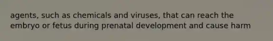 agents, such as chemicals and viruses, that can reach the embryo or fetus during prenatal development and cause harm