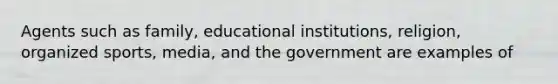 Agents such as family, educational institutions, religion, organized sports, media, and the government are examples of